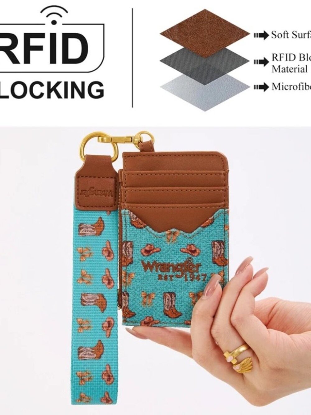Wrangler Western Print RFID Blocking Wallet Turquoise - Picture 4 of 5